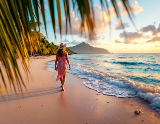 Plage rose de Komodo au coucher doré, voyageur pieds nus. pink beach komodo island indonesia