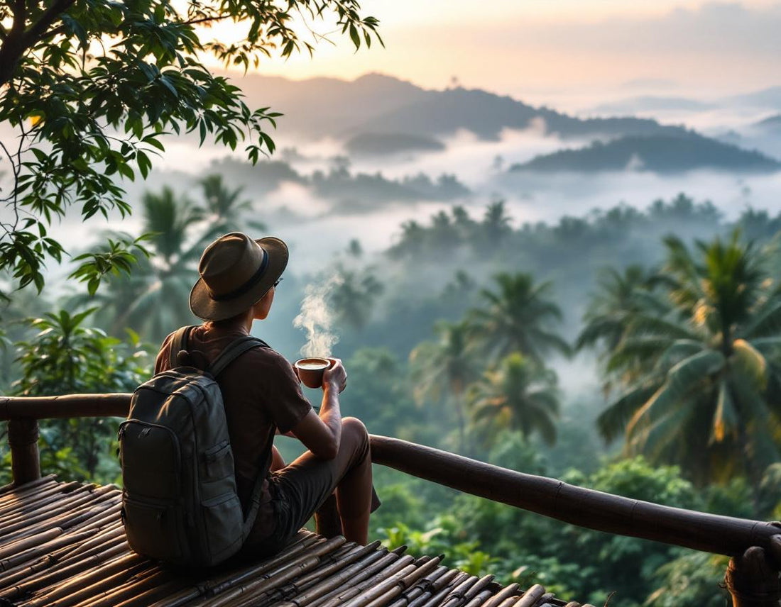 Voyageuse sur terrasse en bambou savoureux café face aux collines brumeuses de sumatra indonésie.