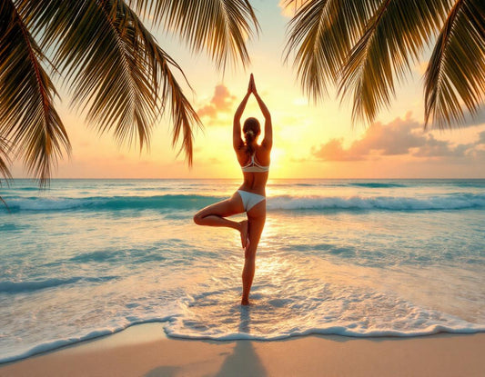 La femme fait du yoga au lever du soleil sur gili trawangan island, plage paisible et cadre naturel