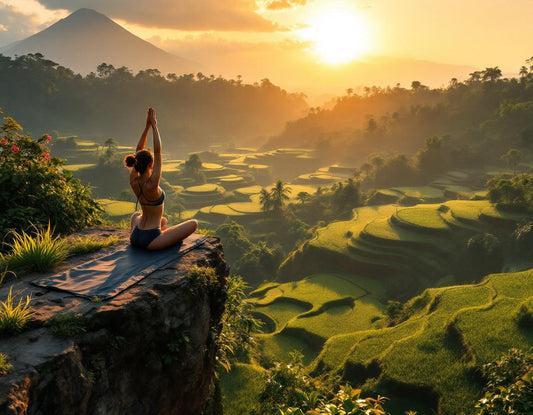 Voyageuse faisant du yoga au soleil couchant sur terrasse avec vue sur rizières. bali blog voyage