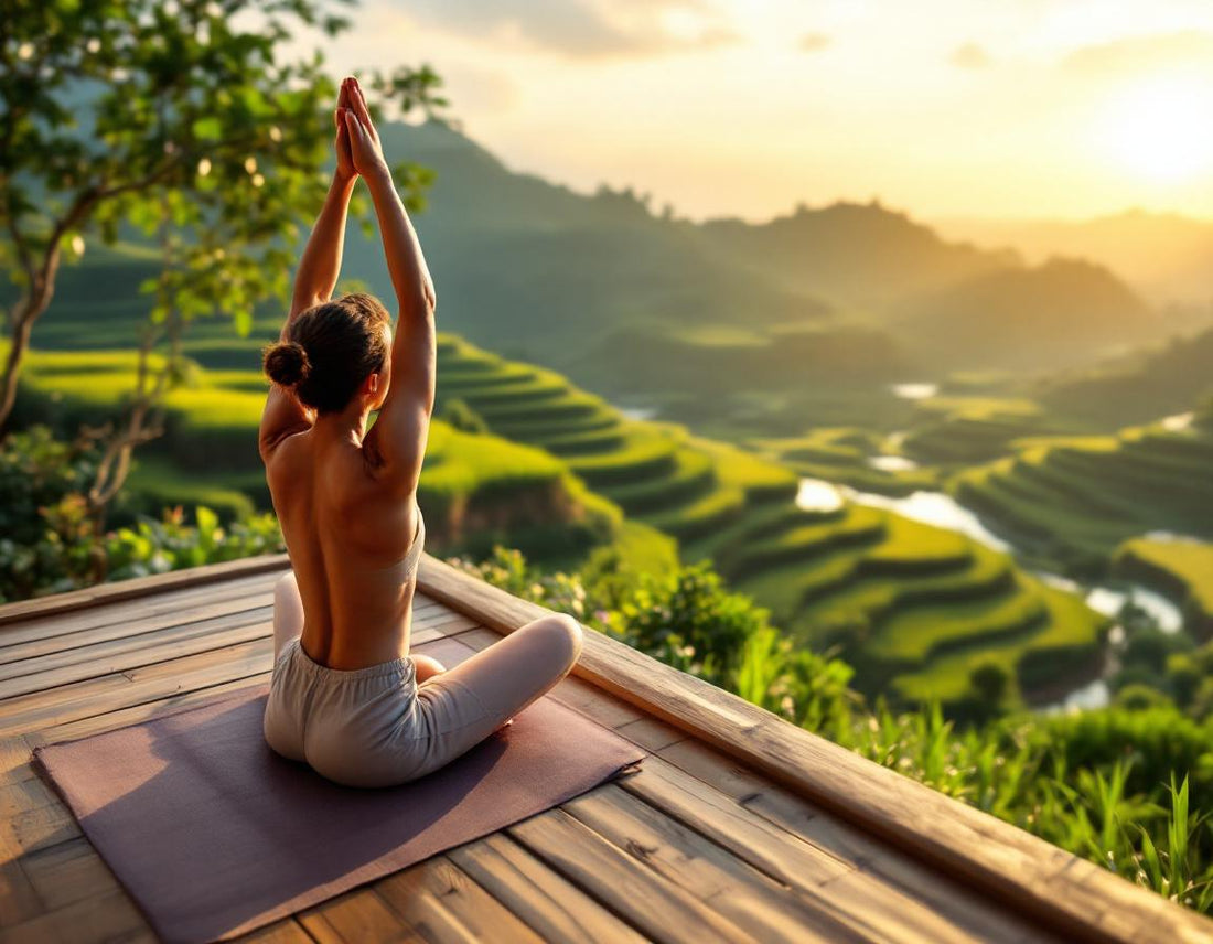 Yogi en posture solaire face aux rizières d'ubud bali island, lumière douce du matin.