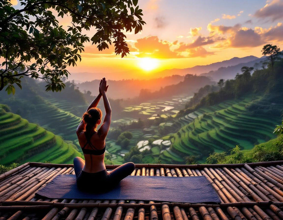 Une personne fait du yoga sur une terrasse en bambou surplombant les rizières vertes à ubud à l'aube