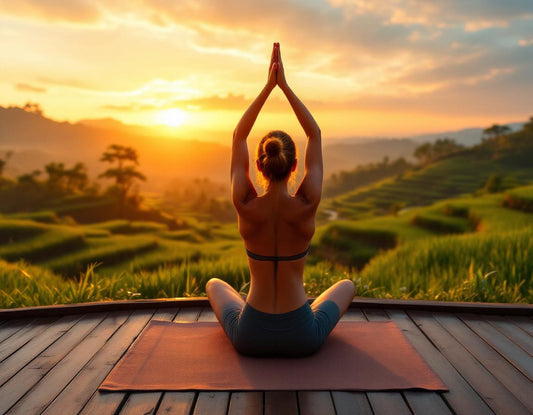 Voyageur en yoga au lever du soleil sur terrasse à Bali, face aux rizières vertes. voyage bali