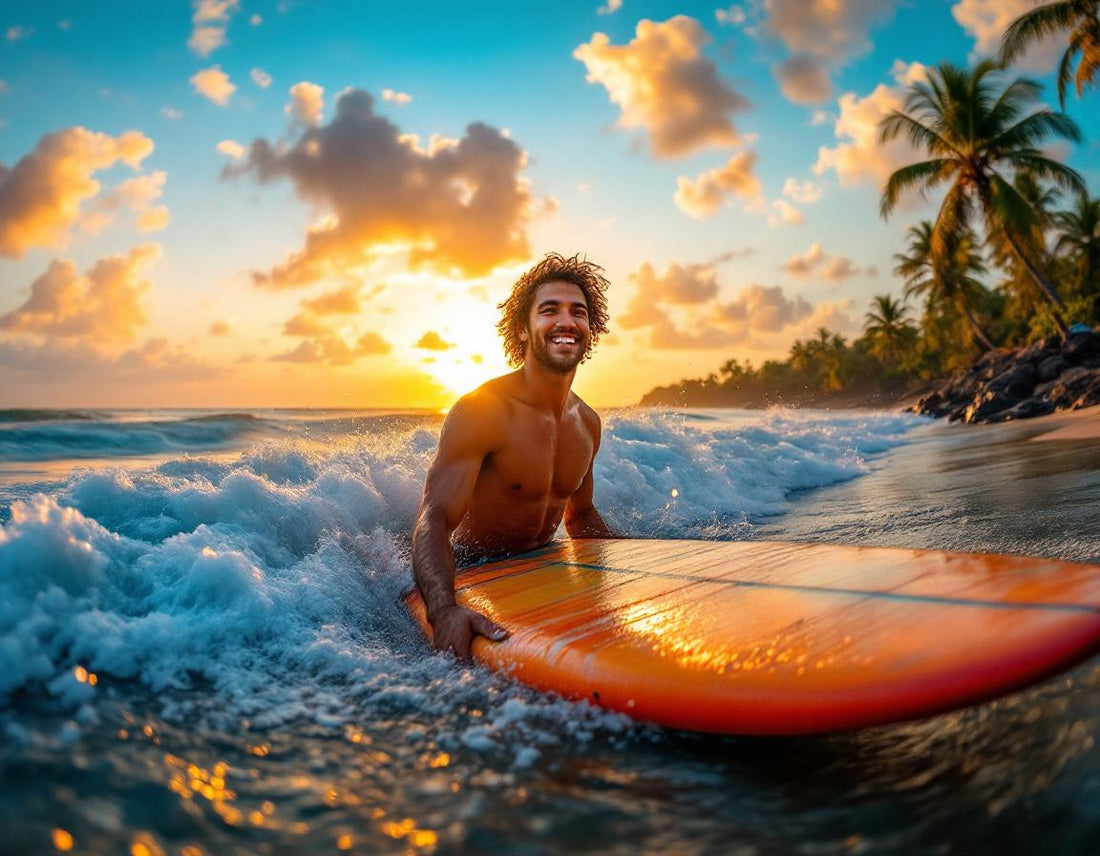 Un surfeur souriant préparant sa planche sur la plage de lovina indonesia au lever du soleil.