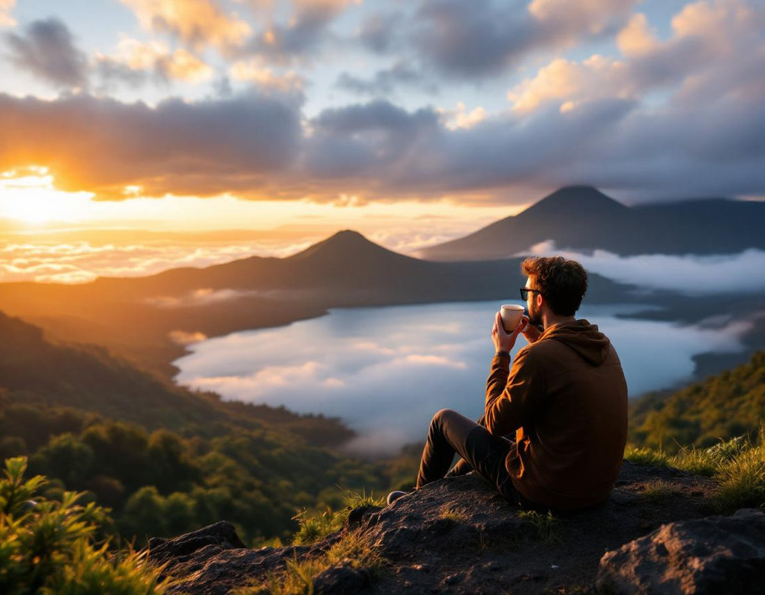 Personne admirant le lever du soleil sur le mont batur indonésie, café en main, vue sur le lac.