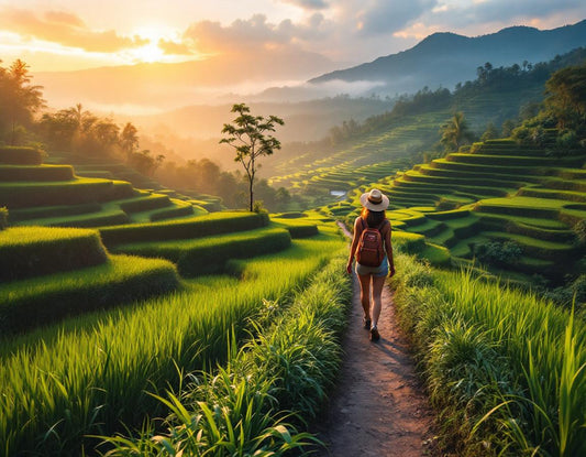 Randonneur parmi les rizières au lever du soleil, ambiance sereine d'un bali voyage organisé unique.