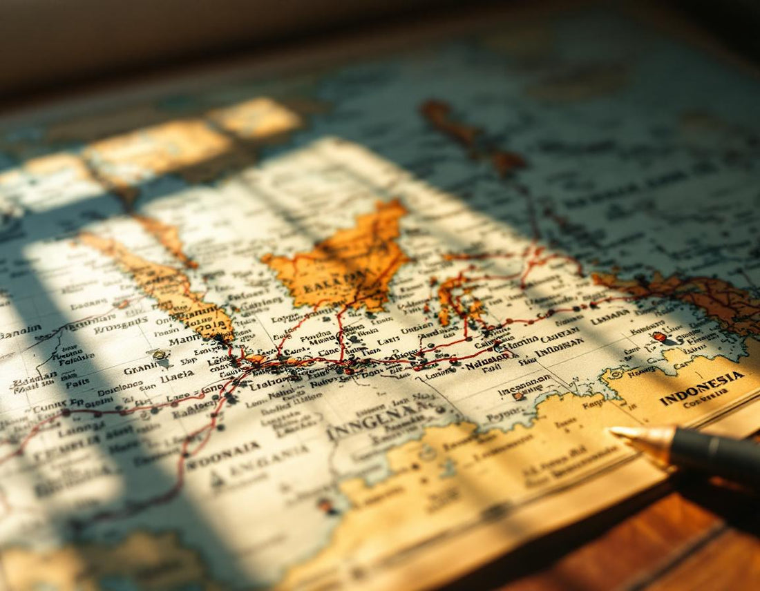 Blogger explorant une carte indonesie posée dans un bureau baigné de lumière douce et tons chaleureux.