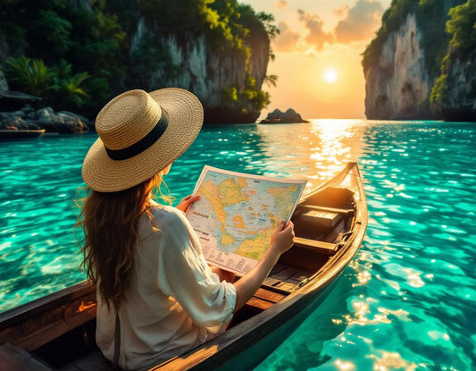 Femme en chapeau de paille consulte une indonésie carte au bord d’une lagune sous lumière dorée.