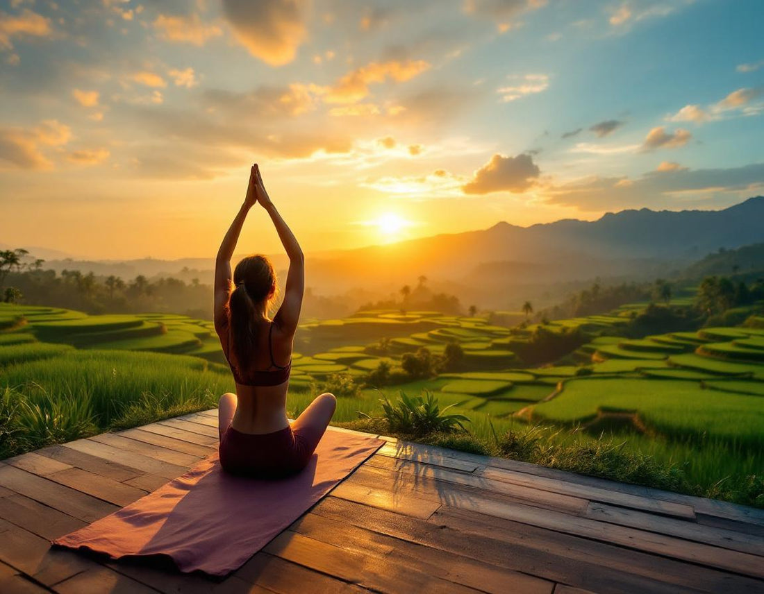 Photo d’un voyage bali blog montrant un yogi faisant du yoga sur une terrasse face aux rizières.
