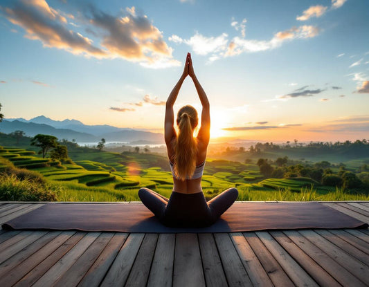 Scène de yoga au lever du soleil sur rizières verdoyantes évoquant de vraies vacances bali magiques.