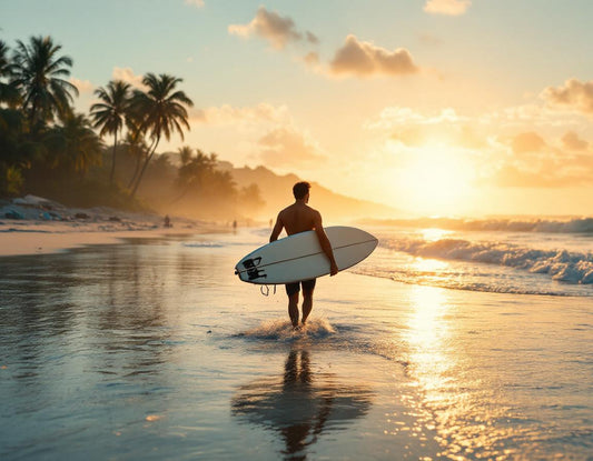 Surfeur sur une plage au lever du soleil avec palmiers et temple à balie indonésie