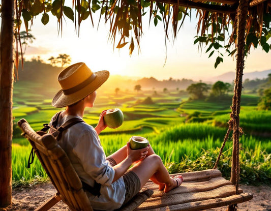 Voyageur sirote eau de coco à Bali sur une balançoire face aux rizières, bali prix voyage abordable.
