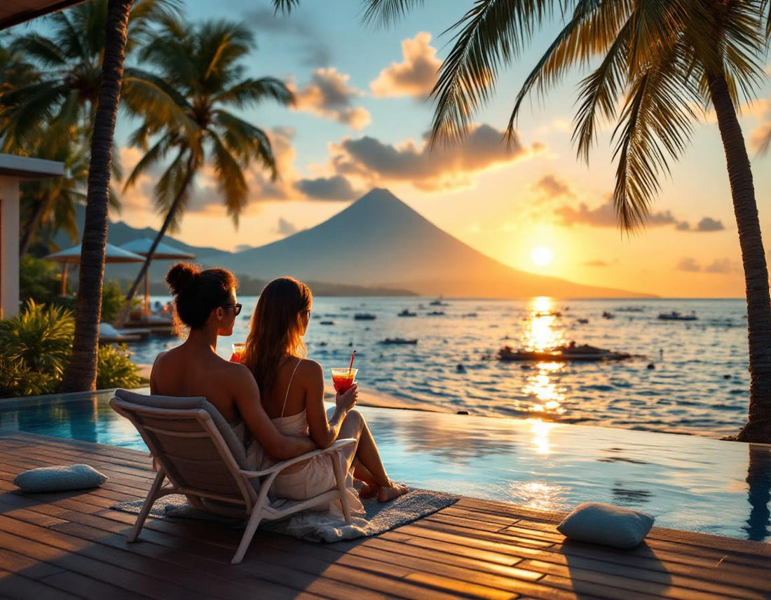 Couple en voyage bali tout compris 2 personnes sur terrasse avec vue océan et volcan