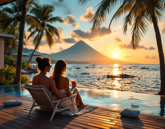 Couple en voyage bali tout compris 2 personnes sur terrasse avec vue océan et volcan