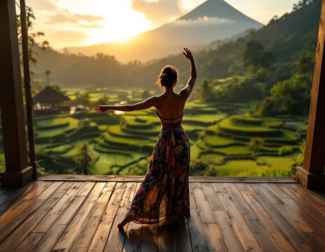 Une femme exécutant une danse balinaise sur une véranda aux rizières au lever du jour en indonesie.