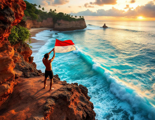 Un surfeur balinais brandit l’indonésie drapeau sur une falaise rouge face aux vagues turquoises.