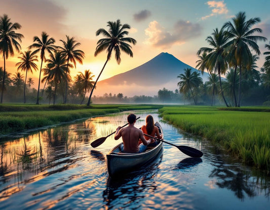 En canoë au lever du jour entre rizières et palmiers instant idéal pour un voyage tout compris bali.