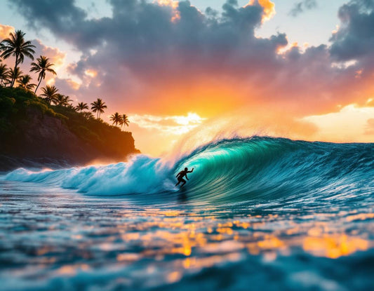Surfeur sur vague émeraude devant les falaises à Uluwatu Bali Beach, ambiance matinale douce.