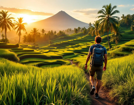 Un voyageur dans les rizières émeraude au coucher de soleil, scène inspirante pour blog voyage bali.