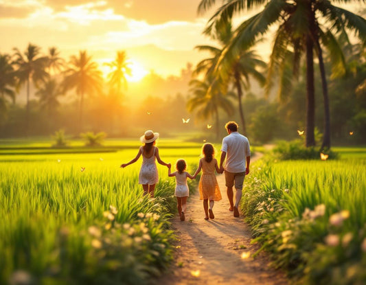 Famille marchant pieds nus dans une rizière au soleil couchant, voyage bali famille, moment magique.