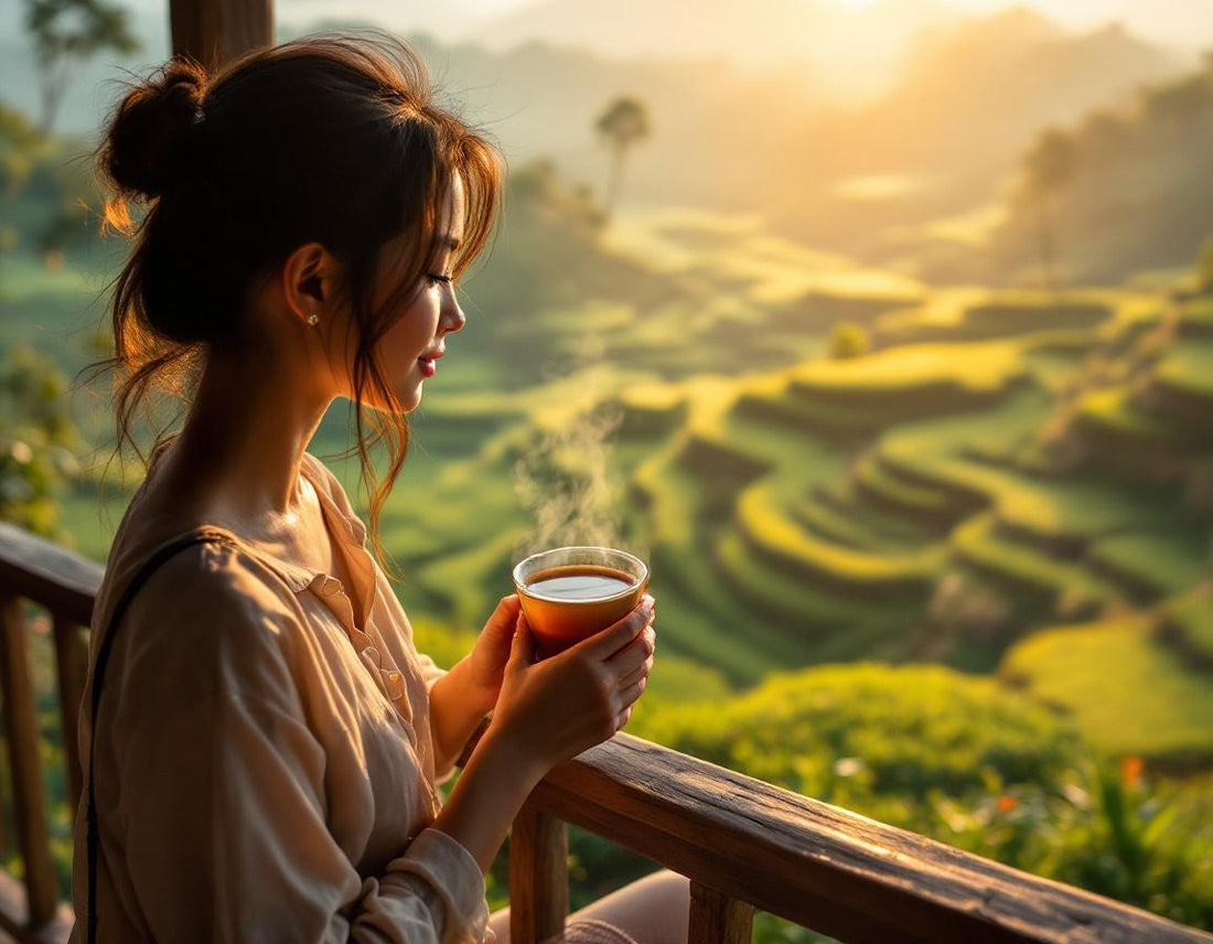 Femme sirotant un thé à l'aube sur une véranda face aux rizières, capturant l'heure indonesie.