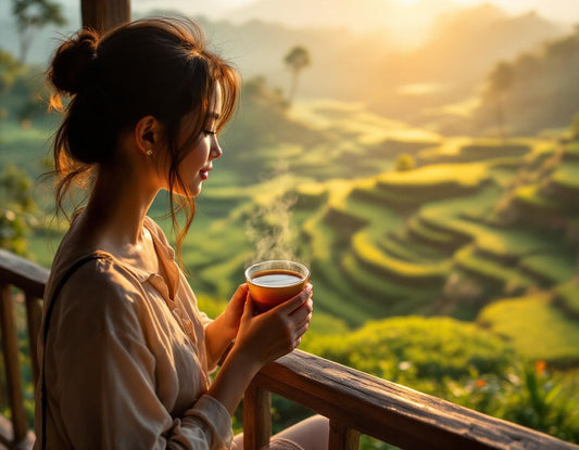 Femme sirotant un thé à l'aube sur une véranda face aux rizières, capturant l'heure indonesie.