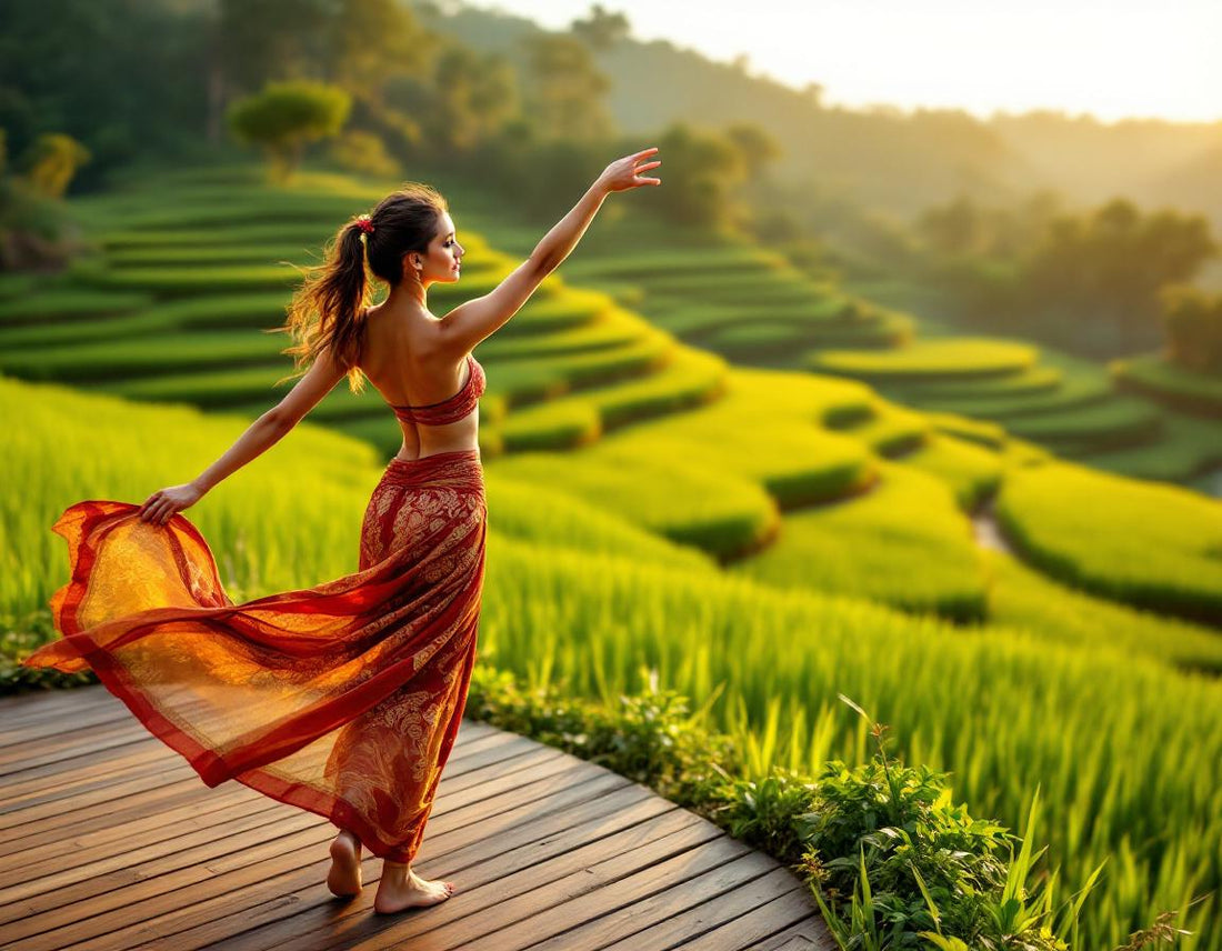Danseuse traditionnelle sur une terrasse de riz à Bali, ambiance indonésie au coucher de soleil.