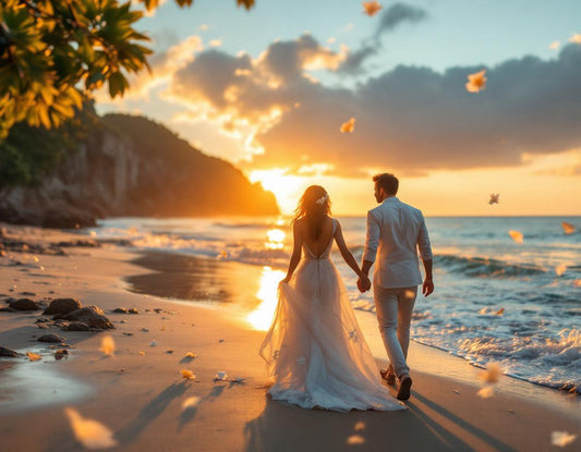 Couple sur plage balinaise au coucher du soleil entouré de pétales, bali voyage de noce romantique.