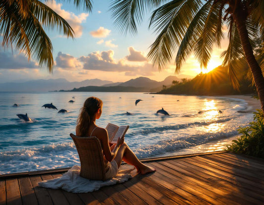 Femme pieds nus sur une terrasse en bois à lovina, lisant au lever du jour avec dauphins en mer