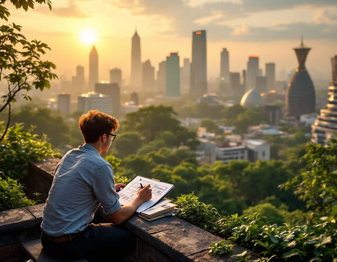 Architecte esquisse sur un toit la skyline de Jakarta à l'aube, évoquant indonesie capitale moderne