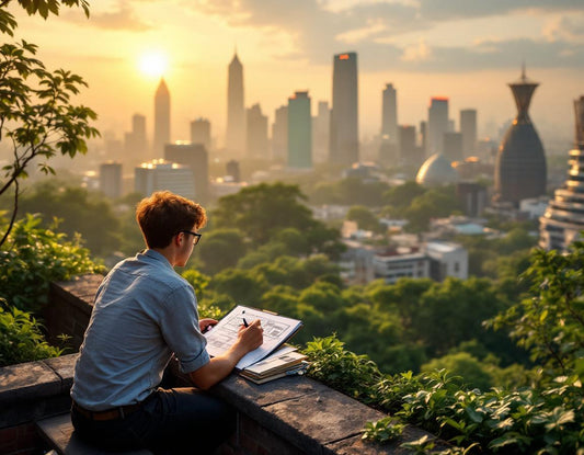 Architecte esquisse sur un toit la skyline de Jakarta à l'aube, évoquant indonesie capitale moderne