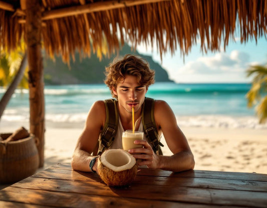 Voyageur dégustant noix de coco sur une plage à Bali, mettant en avant bali voyage prix