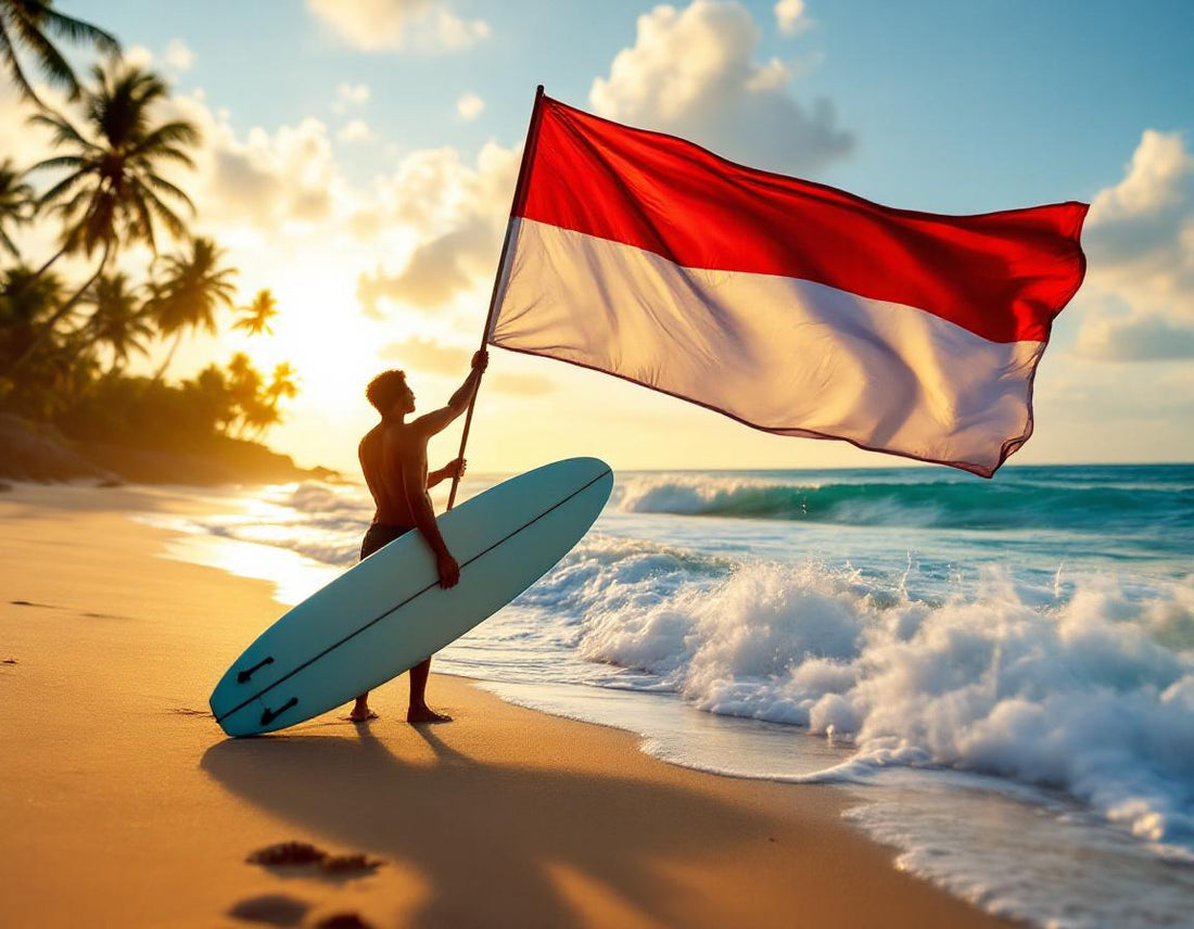 Surfeuse plantant fièrement le drapeau indonésie sur une plage dorée au lever du soleil.