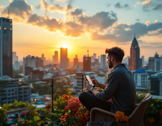 Un entrepreneur sur une terrasse, profitant de la vue de la capitale indonésie au lever du jour.