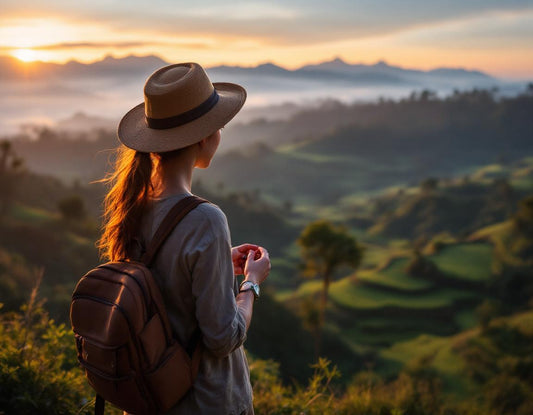 Voyageuse observe heure indonésie sur sa montre devant rizières au coucher du soleil.