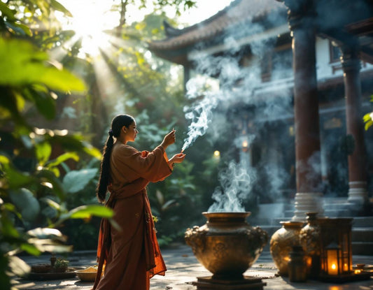 La prêtresse balinaise présente un encens dans un temple luxuriant au cœur de l’indonésie religion.