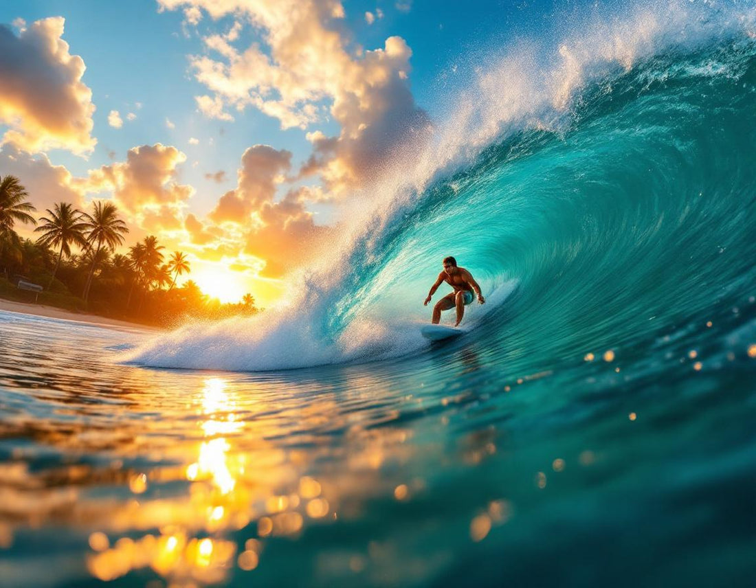 Surfer glissant sur une vague turquoise devant palmiers au crépuscule sur une ile indonesie.