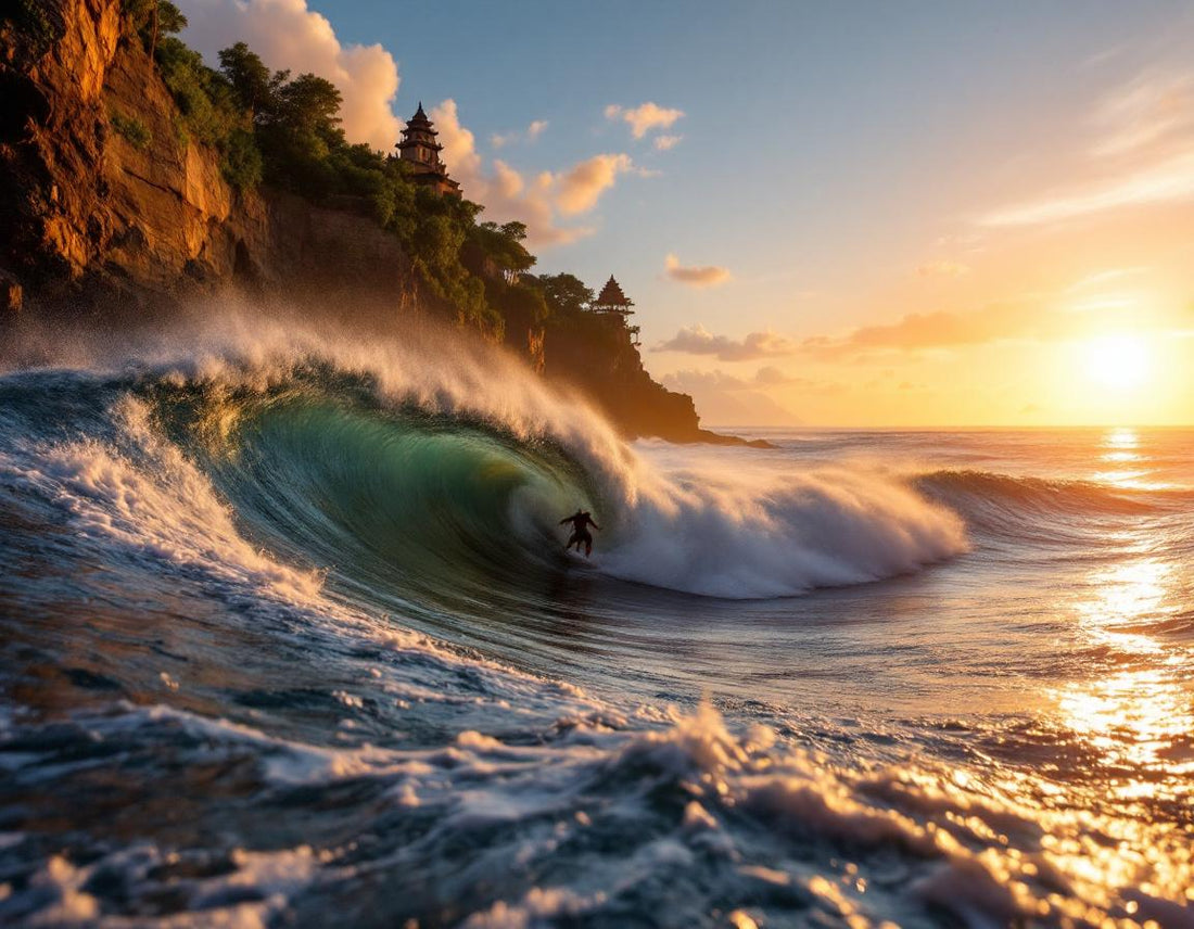 Surfeur au lever du soleil près du uluwatu temple indonesia, falaises et vagues déferlantes.