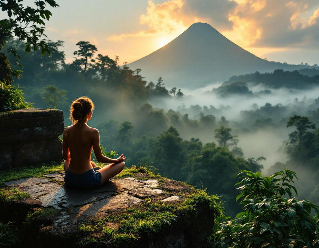 voyage spirituel bali : méditation sur une terrasse de temple au lever du soleil, jungle embrumée.