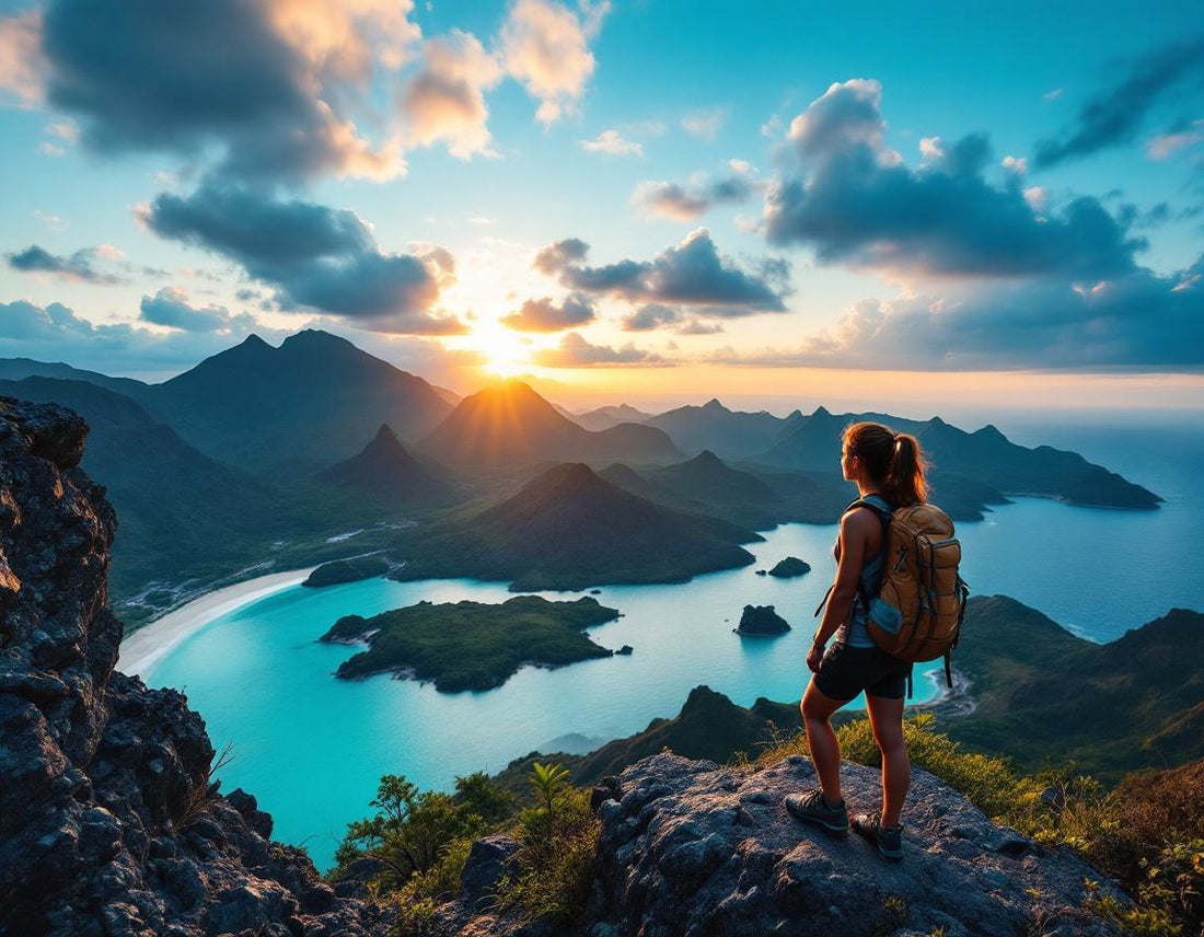 Femme exploratrice admirant l'aube sur crêtes volcaniques et baie turquoise de padar island komodo.
