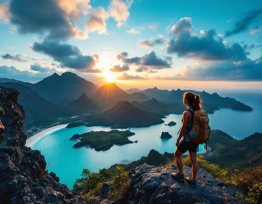 Femme exploratrice admirant l'aube sur crêtes volcaniques et baie turquoise de padar island komodo.