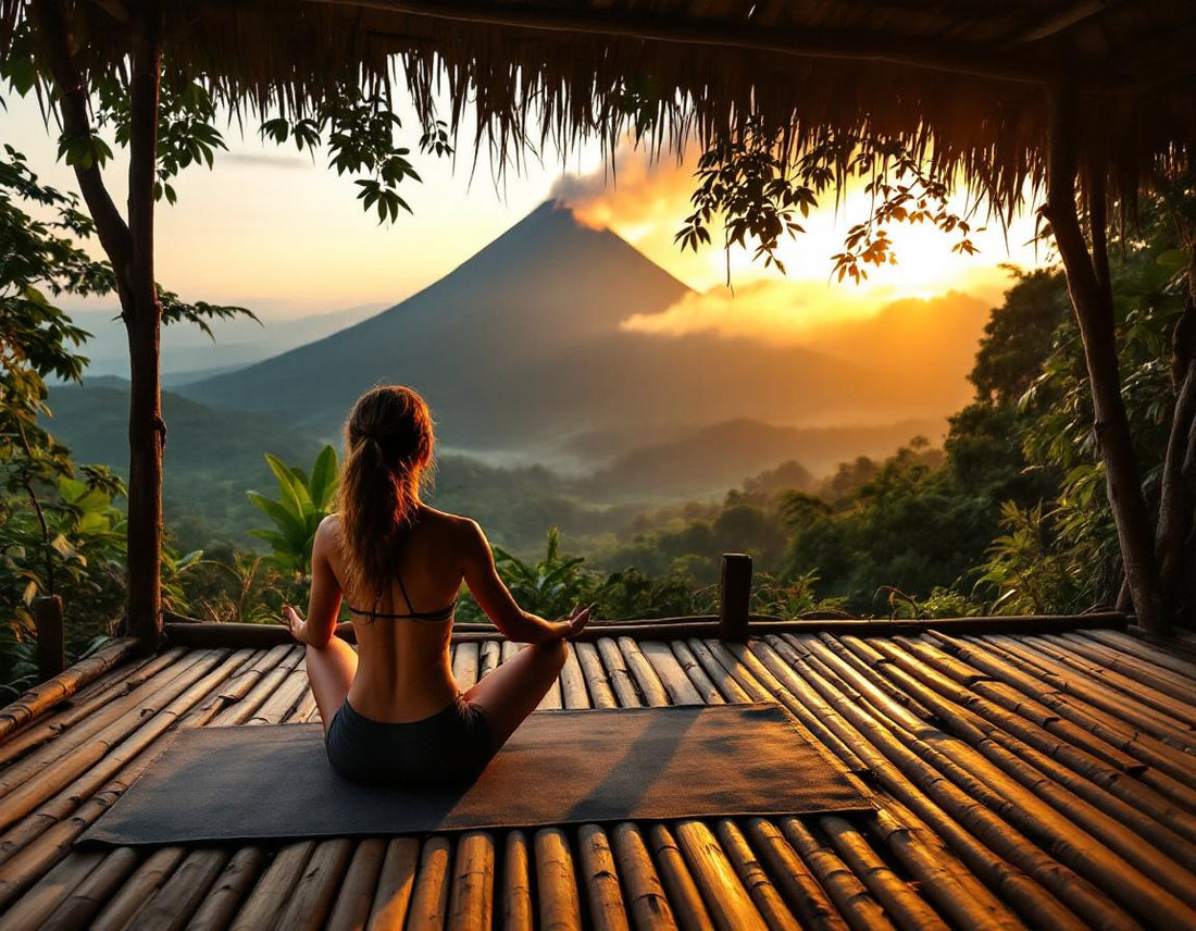 Personne en yoga sur une terrasse en bambou face au volcan indonésie dans une jungle dorée.