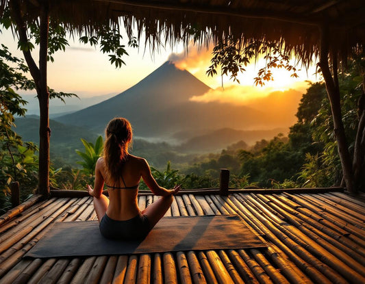 Personne en yoga sur une terrasse en bambou face au volcan indonésie dans une jungle dorée.