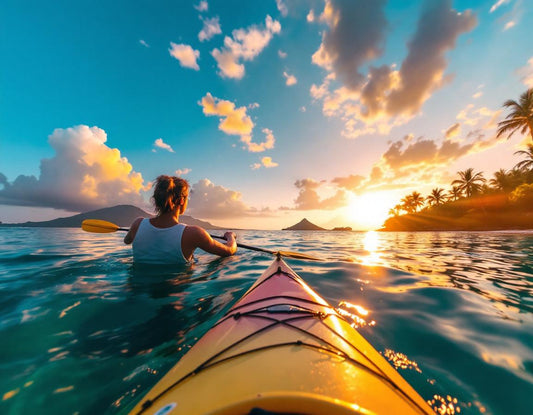 Personne pagayant en kayak au coucher de soleil entre gili air gili trawangan avec eaux turquoise