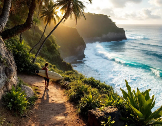 Sur uluwatu beach un surfeur élégant glisse sur une vague dorée au coucher de soleil tropical.
