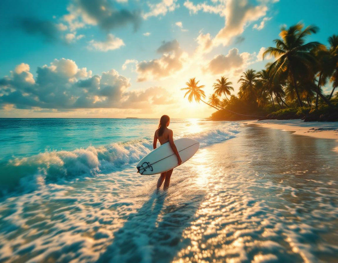 Personne marchant sur la plage de Gili Trawangan, vagues turquoises et palmiers à l’horizon.