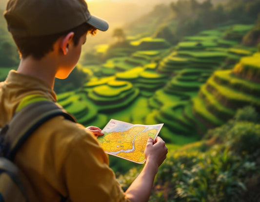 Un explorateur dans des rizières luxueuses consulte une carte bali indonesie au lever du soleil.