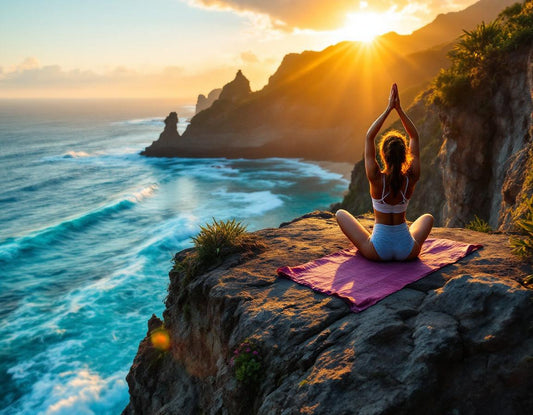 Femme en posture de yoga sur une falaise face à la mer turquoise de nusa penida island, lueur dorée.