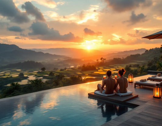 Couple relaxe face aux rizières balinaises. voyage bali all inclusive, évasion tropicale paisible.