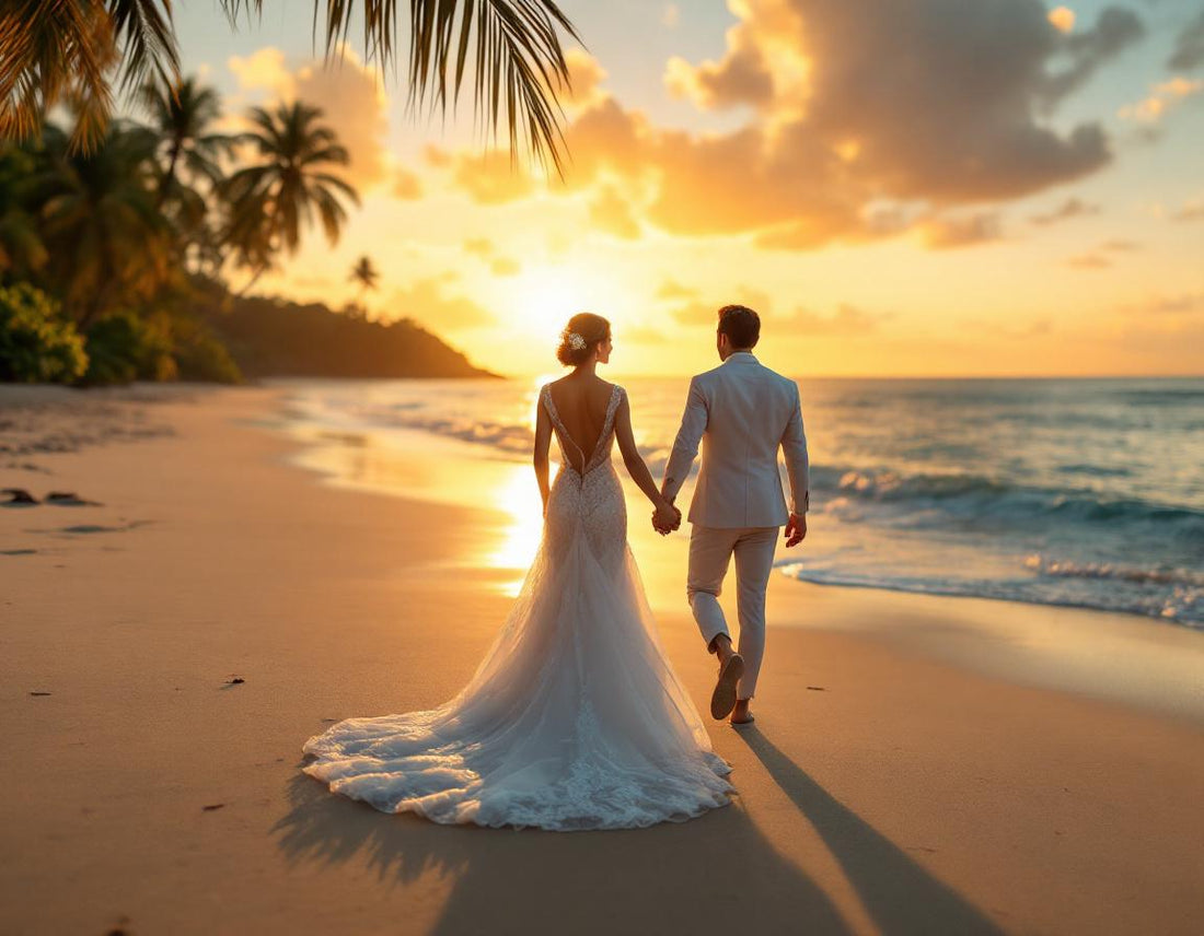 Jeunes mariés main dans la main sur une plage de Bali au coucher du soleil, voyage de noces bali